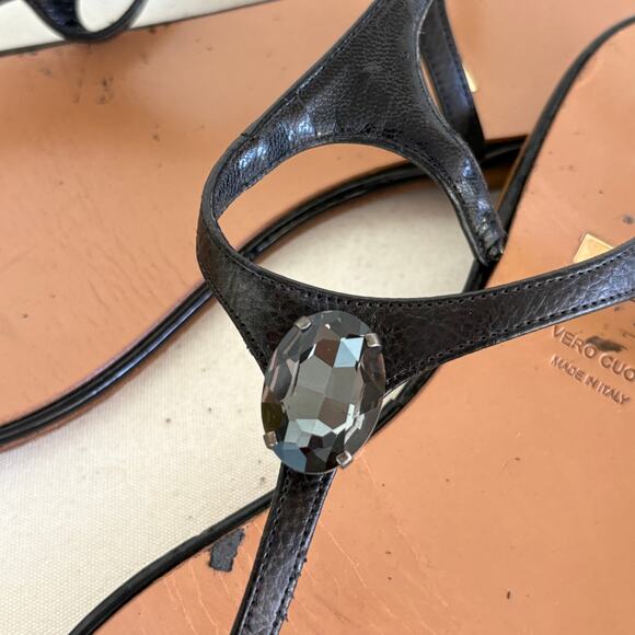 Albano Jewel Thong Sandals 7 37 Black Leather Ankle Wrap Italian Italy Resort - Picture 6 of 6